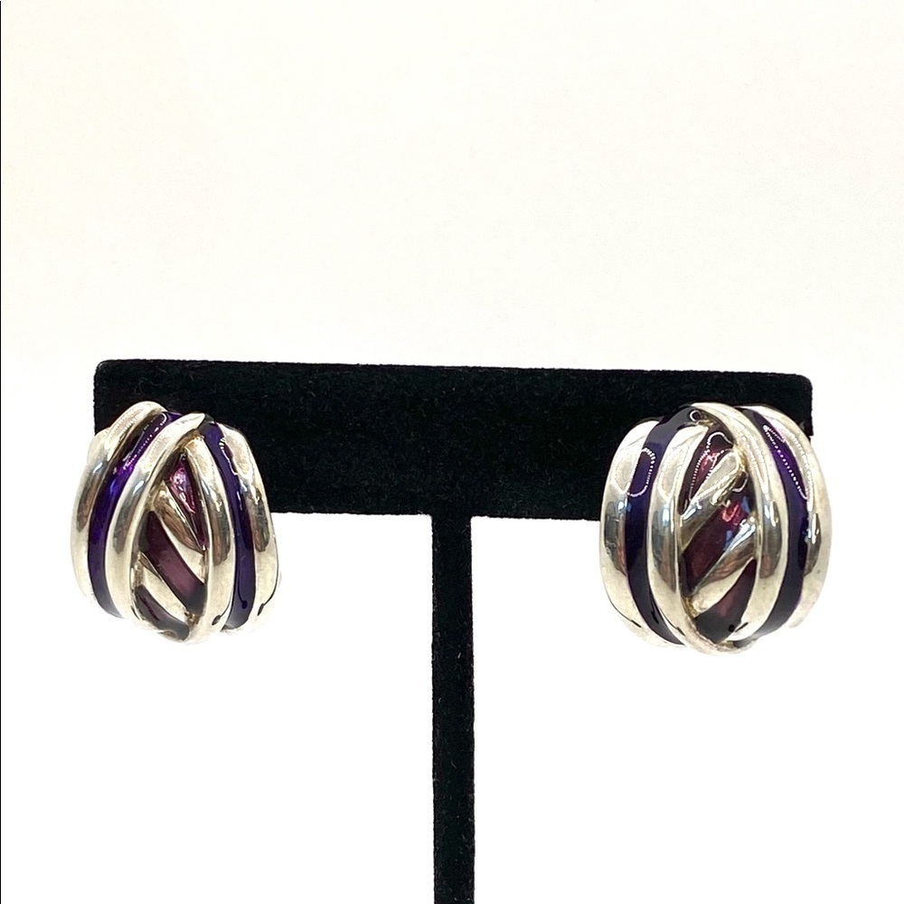 Clip Ons Clips Earrings Silver Tone Purple Maroon Enamel